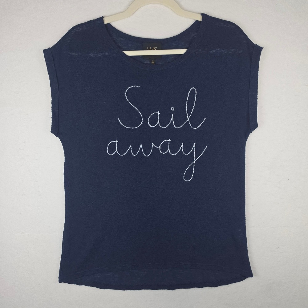 W5 Sail Away Embroidered Graphic Tee Navy Blue Cuffed Sleeve Small